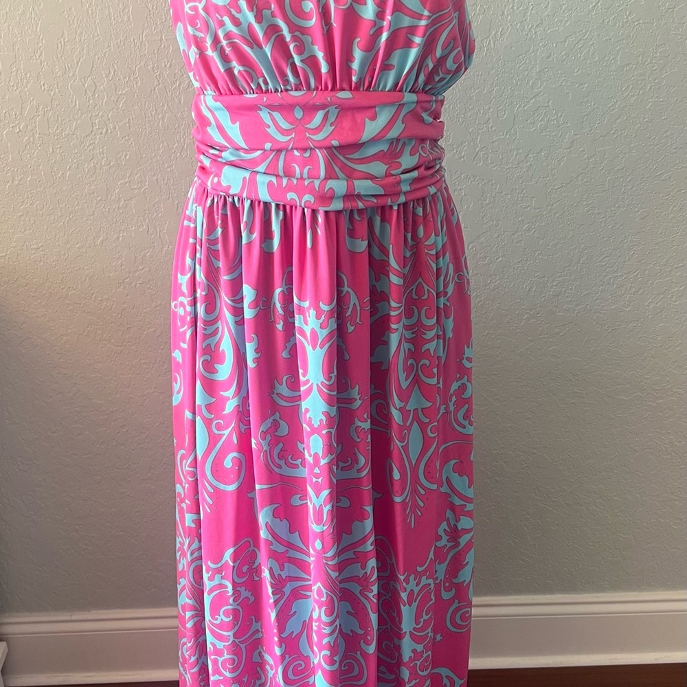 Pink and Blue Patterned strapless Maxi Dress